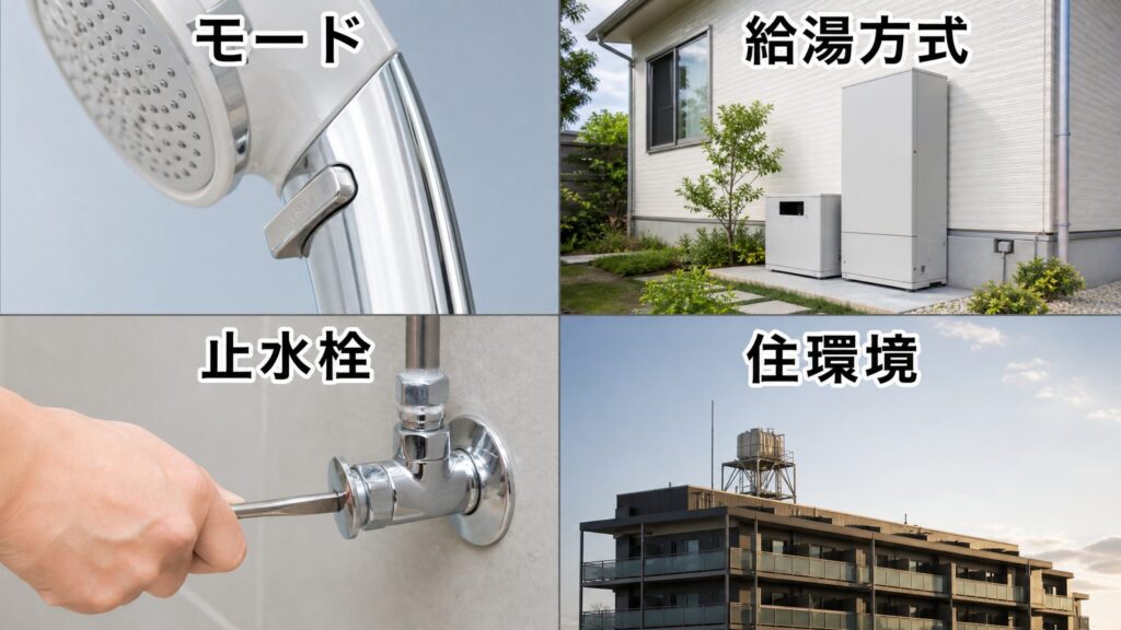 シャワーヘッドの水圧が弱く感じる4つの原因を整理したインフォグラフィック。モード切替・給湯方式・止水栓・住環境という観点を、シャワー部品やエコキュート、マンション受水槽の実写風ビジュアルで4分割表示。