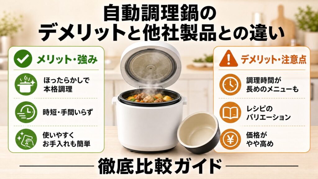 象印の自動調理鍋のデメリットと他社製品との違いを徹底比較する記事のメインビジュアルで、ホワイトカラーの自動調理鍋本体とホーロー内なべを並べたフォトリアリスティックなインフォグラフィック