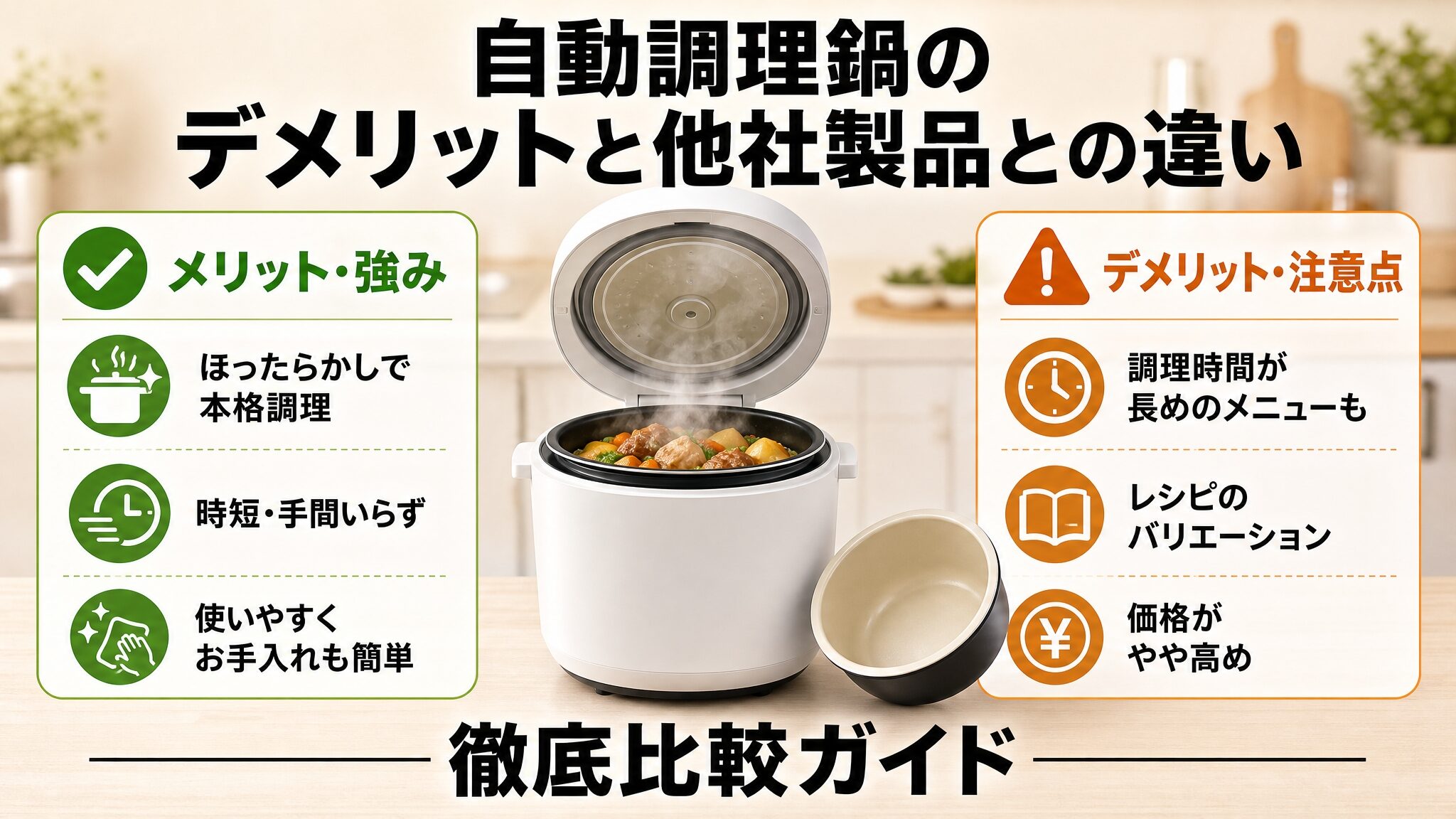 象印の自動調理鍋のデメリットと他社製品との違いを徹底比較する記事のメインビジュアルで、ホワイトカラーの自動調理鍋本体とホーロー内なべを並べたフォトリアリスティックなインフォグラフィック