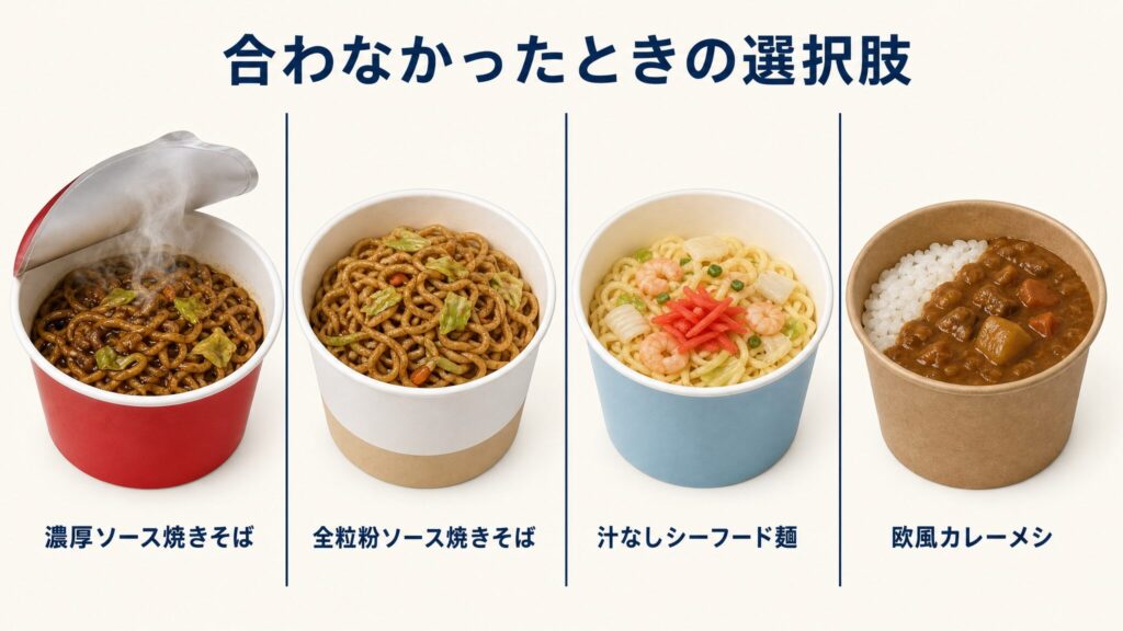 完全メシufoがまずいと感じた場合の代替候補となる4商品を横並びで比較したインフォグラフィックで、濃厚ソース焼きそば・全粒粉麺・汁なしシーフード・欧風カレーメシを示す。