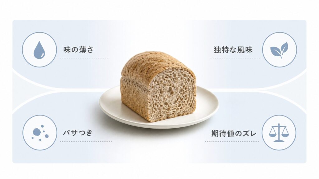 ベースブレッドがまずいと言われる理由として味の薄さや独特な風味、パサつき、期待値のズレを整理した図解