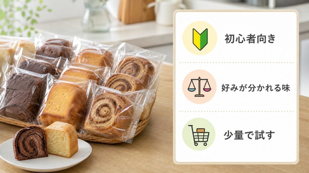 失敗しにくい味と買い方をテーマに、ベースブレッドの初心者向けの味と好みが分かれる味を比較する画像