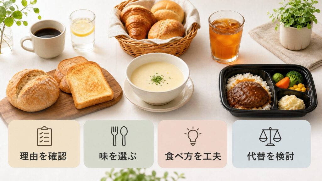 ベースブレッドがまずいと言われる理由まとめとして、理由確認、味選び、食べ方の工夫、代替商品の検討を示す画像