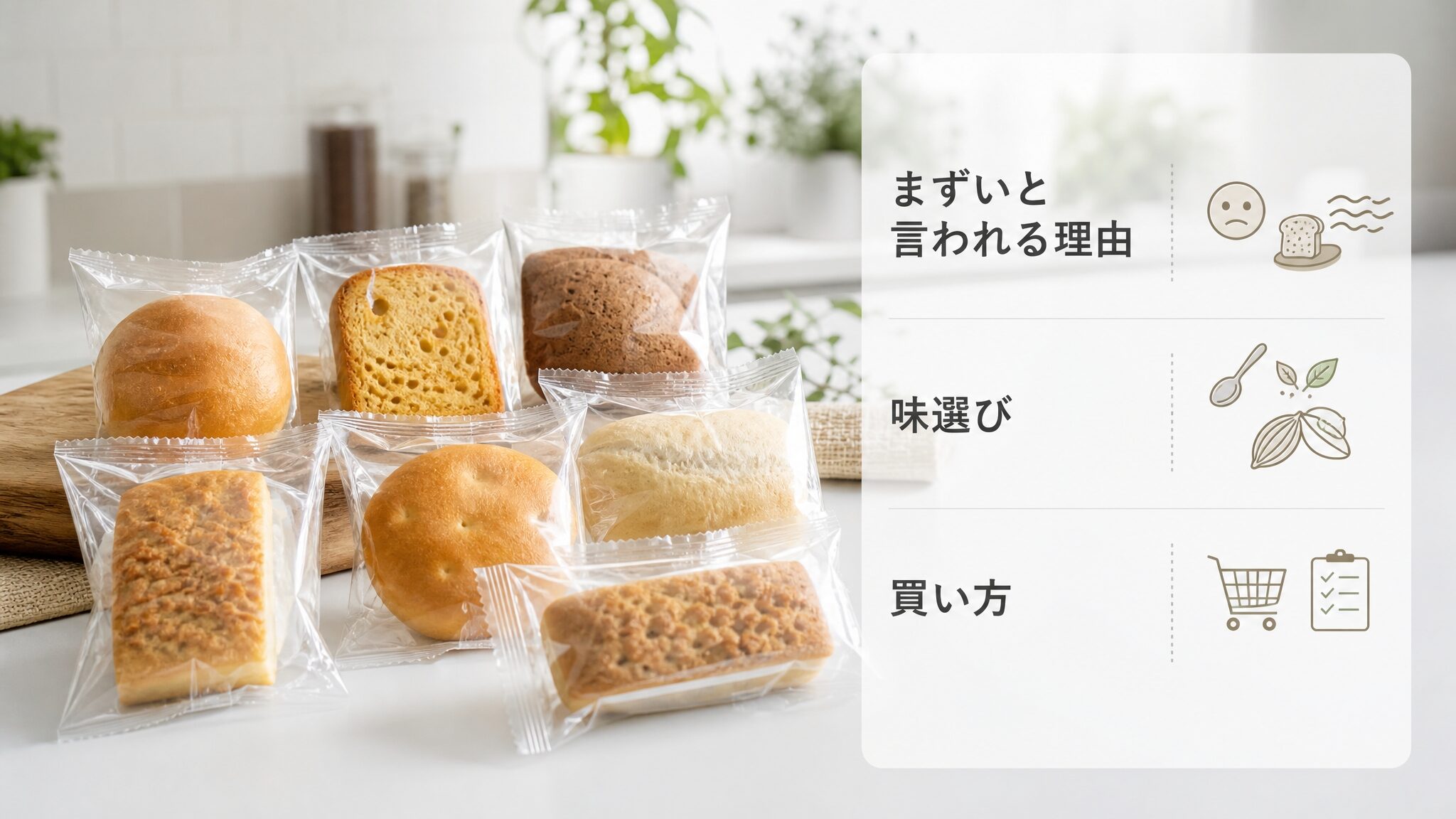 ベースブレッドがまずいと言われる4つの理由と失敗しにくい味と買い方を示す、パン型時短食と味選びのインフォグラフィック