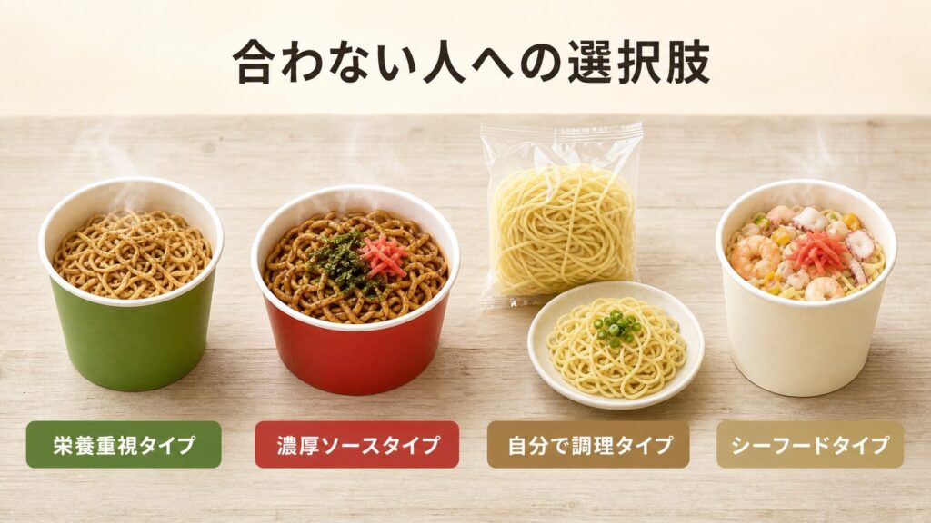 ベース焼きそばが合わない人への選択肢を比較したインフォグラフィック。栄養重視の汁なしカップめん、濃厚ソース焼きそば、豆由来の乾麺、汁なしシーフードの4商品を横並びで視覚化し、選び方の目安を示した図解。