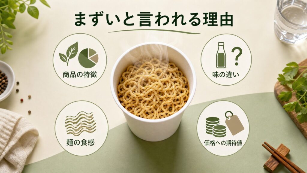 ベース焼きそばがまずいと言われる理由を整理したインフォグラフィック。商品の特徴、普通の焼きそばとの味の違い、麺の食感、価格帯への期待値の4要素を中央のカップめん画像と円形アイコンで視覚化した図解。