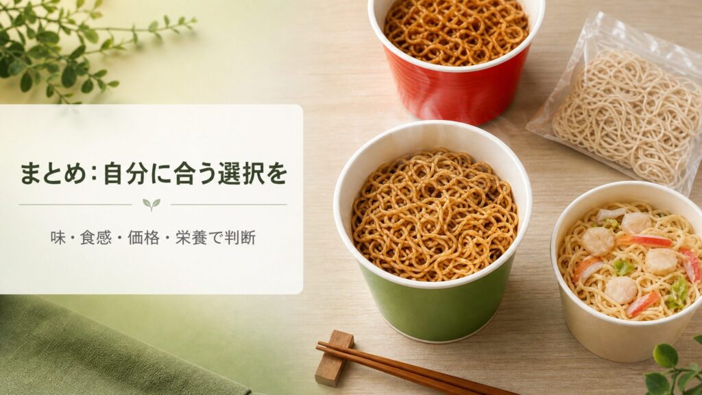 ベース焼きそばがまずいと言われる理由と合わない人への選択肢をまとめたインフォグラフィック。中央の汁なしカップめんと比較対象の商品を並べ、味や食感、価格、栄養を踏まえた判断の総括を視覚化した図解。