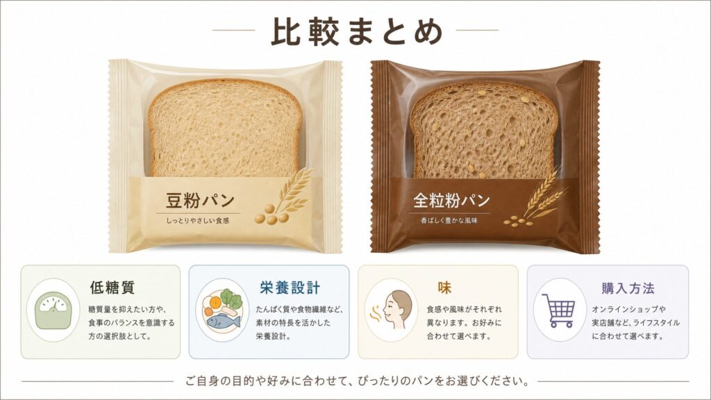 ゼンブブレッドとベースブレッドの比較まとめとして、低糖質、栄養設計、味、購入方法の要点を整理した画像