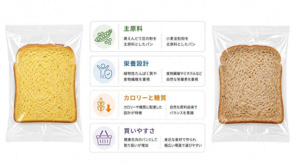 ゼンブブレッドとベースブレッドの違いを、主原料、栄養設計、カロリーと糖質、買いやすさで整理した図解。