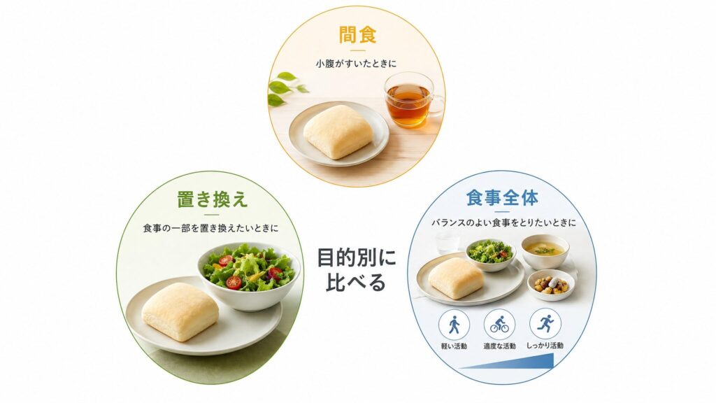 目的別にどちらが合うか比べるため、間食、食事置き換え、食事全体の視点でパン選びを示す図解