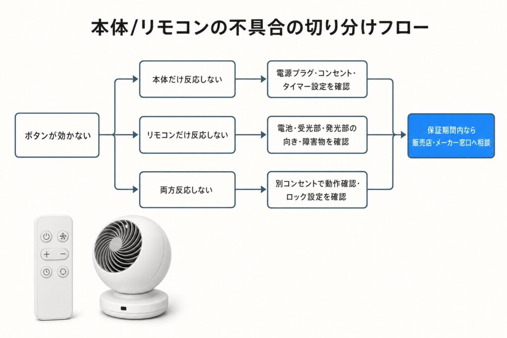 アイリスオーヤマのサーキュレーターのスイッチ・ボタン・リモコンが効かないときの切り分けフロー図。本体だけ反応しない・リモコンだけ反応しない・両方反応しないの3分岐から確認項目を経て相談へ収束させる構図。