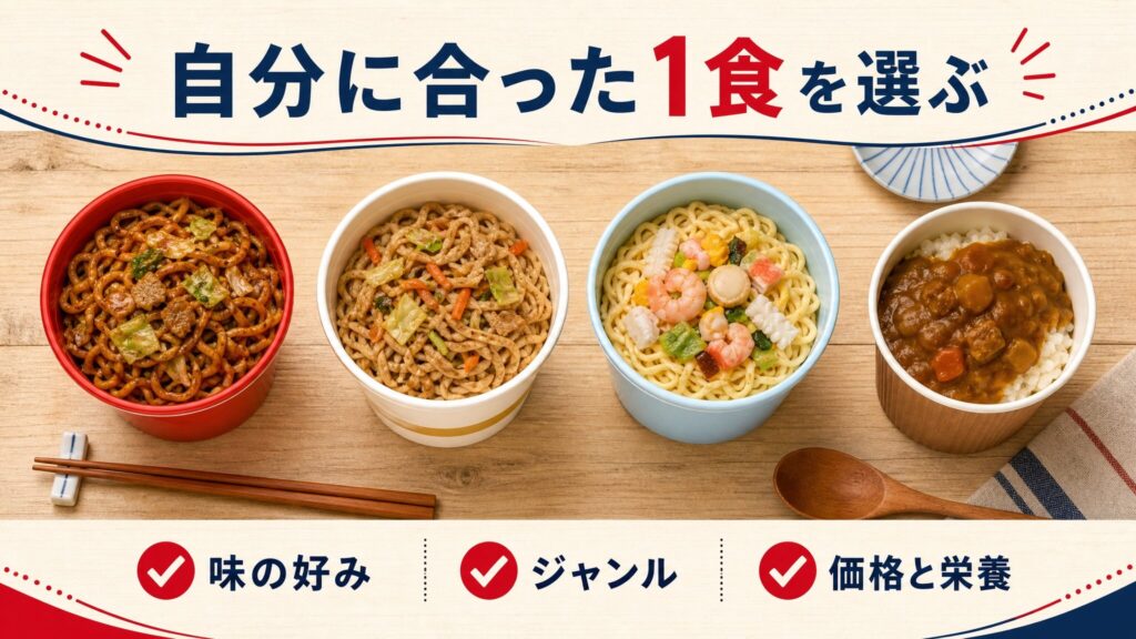完全メシufoがまずいと感じた読者向けに自分に合った1食を選ぶためのまとめ図解で、4種類のカップ食品を俯瞰で並べ味の好み・ジャンル・価格と栄養の判断軸を示す。