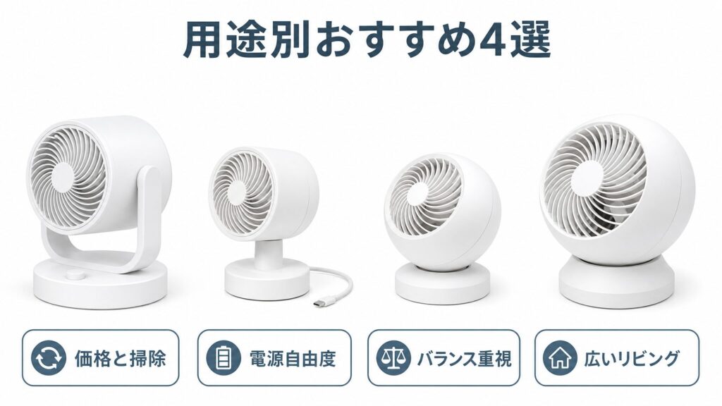 用途別に選ぶ山善とアイリスオーヤマのサーキュレーターおすすめモデル4選を横一列に並べたビジュアル。円筒型2台と球体型2台に価格と掃除・電源自由度・バランス・広いリビングのラベルを添えた構図