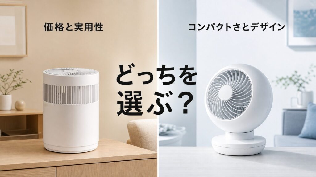 山善とアイリスオーヤマのサーキュレーターどっちを選ぶべきかを判断する2社の特徴対比ビジュアル。円筒型と球体型のサーキュレーターを左右に並べ価格重視とコンパクト重視の方向性を示した構図