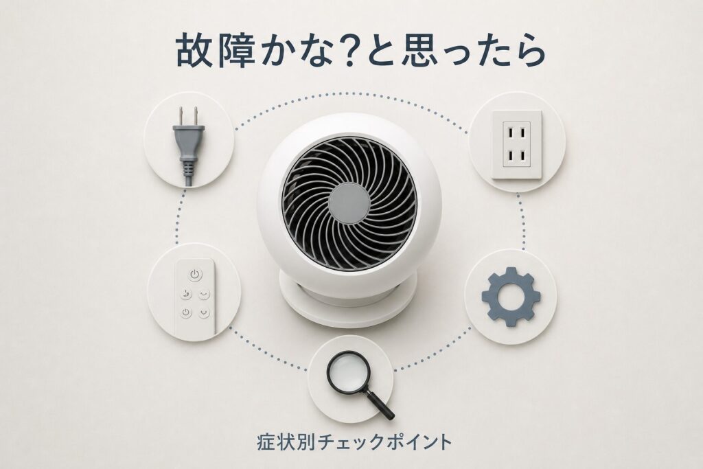 サーキュレーターによく見られる故障の症状と確認すべきポイントを示すインフォグラフィック画像。白いボール型サーキュレーターを中心に、電源プラグ・コンセント・リモコン・歯車・虫眼鏡のアイコンを配置した構図。