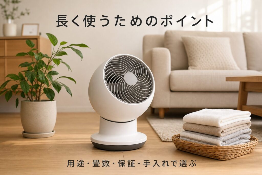 長く使いやすいサーキュレーターを選ぶためのまとめ画像。リビングに置かれた白いボール型サーキュレーターと観葉植物、洗濯物を並べ、用途・畳数・保証・手入れで選ぶというポイントを示した構図。