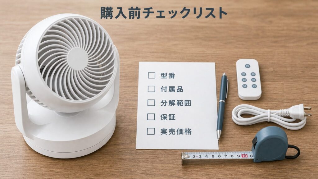 サーキュレーター購入前に確認したい失敗しないための選び方を示すチェックリストビジュアル。ホワイトのサーキュレーターと型番・付属品・分解範囲・保証・実売価格を記したチェックリストを木目テーブルに配置した構図