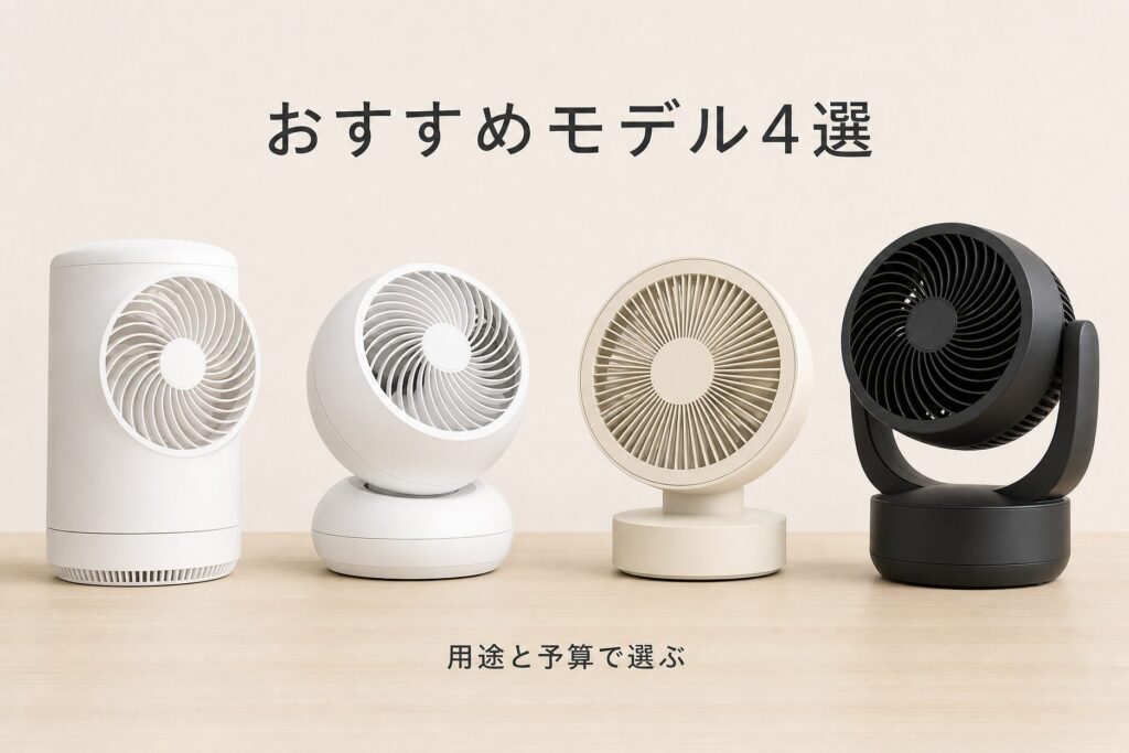 後悔しにくいおすすめサーキュレーター4選を比較するインフォグラフィック画像。デザインの異なる4台のサーキュレーターを横一列に並べ、用途と予算で選ぶというテーマを示した構図。