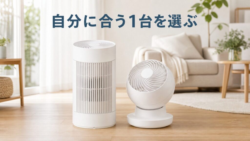 山善とアイリスオーヤマのサーキュレーターを比較したまとめとして自分に合った1台を選ぶための総括ビジュアル。円筒型と球体型のサーキュレーターを生活感のあるリビング背景に並べた構図