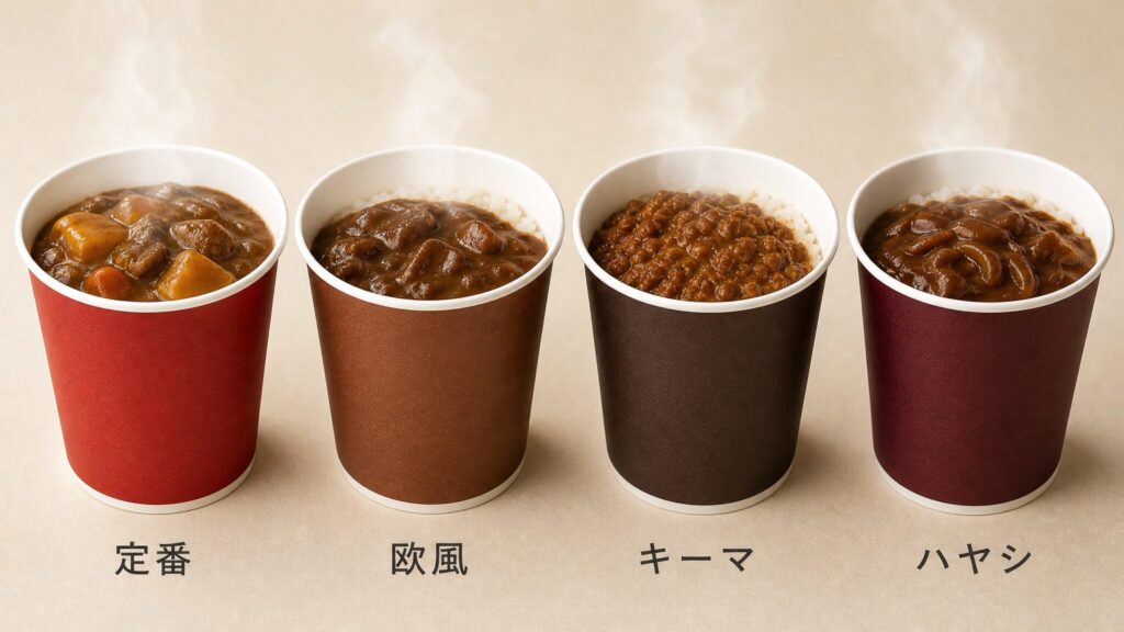 目的別おすすめのカップライスシリーズ4商品を横一列に並べたインフォグラフィックで、定番カレー・欧風カレー・スパイシーキーマ・デミグラスハヤシのカップライスを湯気とともに比較できる構図