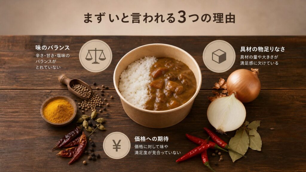 完全メシ カレーメシがまずいと言われる3つの理由を象徴するインフォグラフィックで、欧風カレーのカップライスを中心にスパイス・たまねぎ・唐辛子と価格を示すアイコンを配置した俯瞰構図のビジュアル