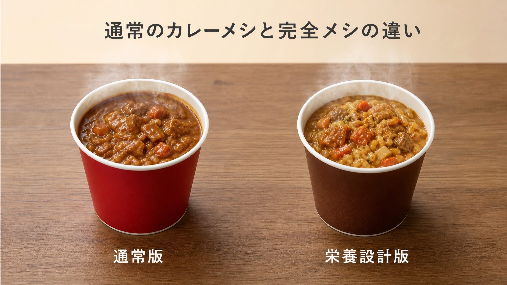 カレーメシと完全メシの違いを左右対称に比較したメインビジュアルで、通常版の定番カレーと栄養設計版の欧風カレーを湯気とともに並べ、まずいと言われる理由や選び方の比較記事であることを示すインフォグラフィック
