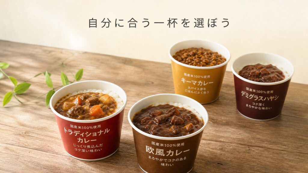 完全メシ カレーメシの違いとまずいと言われる理由のまとめを象徴するビジュアルで、定番カレーと完全メシシリーズ4商品を木目テーブルに並べ、自分に合う一杯を選ぶ提案を表現したインフォグラフィック