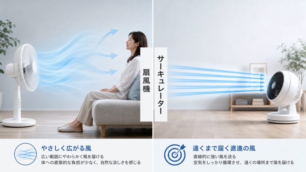 扇風機とサーキュレーターの違いを風の質と届く範囲で比較したインフォグラフィック。左に扇風機と広がる風、右にサーキュレーターと直進する風を矢印で示し、両者の特徴を視覚的に整理した構図。