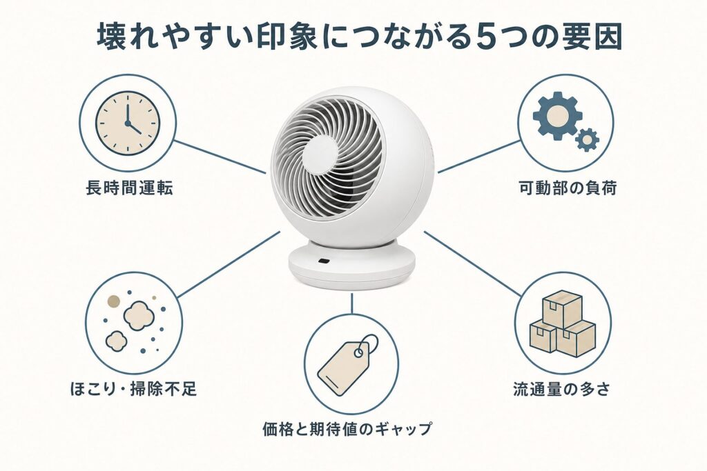 アイリスオーヤマのサーキュレーターが壊れやすいと言われる印象につながる5つの要因（長時間運転・可動部の負荷・ほこり・掃除不足・価格と期待値のギャップ・流通量の多さ）を放射状に整理した関係図。
