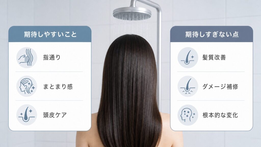 髪への効果と期待しすぎない点を、指通りやまとまり感と髪質改善やダメージ補修の違いで整理した比較画像