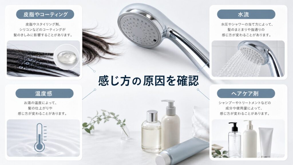 痛む・きしむ・パサパサに感じる理由を、皮脂やコーティング、水流、温度感、ヘアケア剤の観点で整理した画像