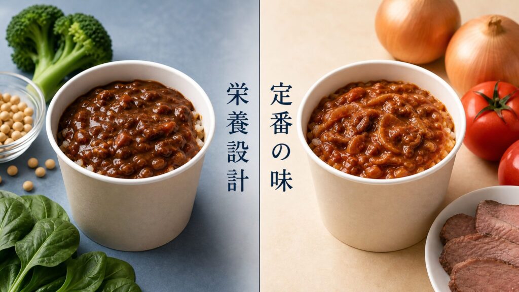 完全メシ ハヤシメシと通常版の違いを栄養設計と定番の味の2軸で対比したインフォグラフィックで、それぞれのカップライスと象徴する食材を左右に並べたフォトリアリスティックな比較画像