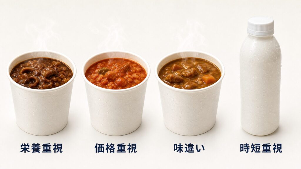 完全メシ ハヤシメシの目的別おすすめ関連商品として、栄養重視・価格重視・味違い・時短重視の4カテゴリーに対応するカップライス3点とドリンクボトル1点を横並びに配置したフォトリアリスティックなインフォグラフィック