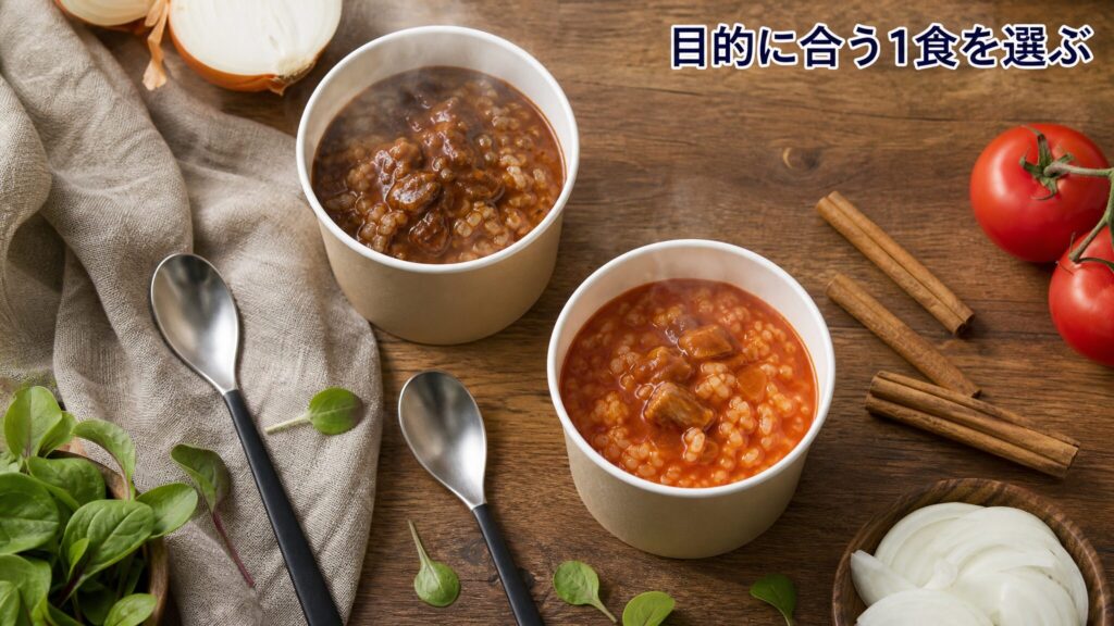 完全メシ ハヤシメシと通常版の違いを理解して目的に合う1食を選ぶことを訴求するまとめ画像で、湯気の立つ2種類のハヤシライスと食材を木目テーブルに俯瞰で配置したフォトリアリスティックなビジュアル