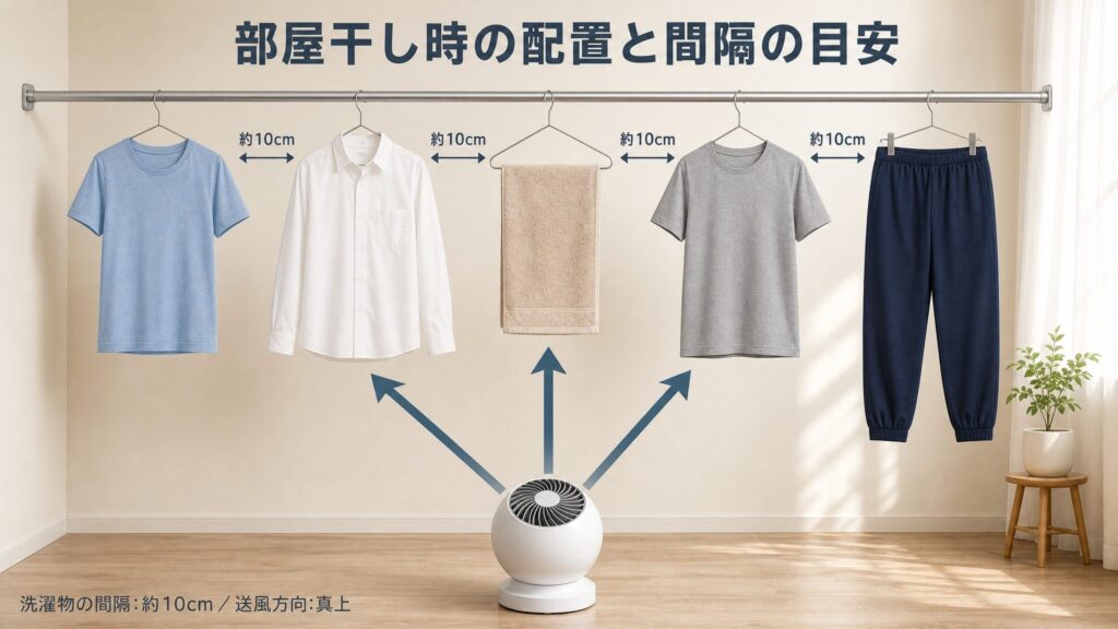 寝室や部屋干しなど使用シーン別の注意点を示す部屋干し時のサーキュレーター配置図解。約10cm間隔で吊るした5枚の洗濯物の真下に上向き設置した球体型サーキュレーターから上向きの風の矢印が伸びる断面構図