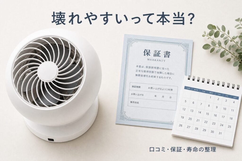 アイリスオーヤマのサーキュレーターは壊れやすいのか、口コミの傾向や保証期間、標準使用期間の考え方を整理して紹介するインフォグラフィック画像。白いボール型サーキュレーターと保証書風の紙が並ぶ構図。