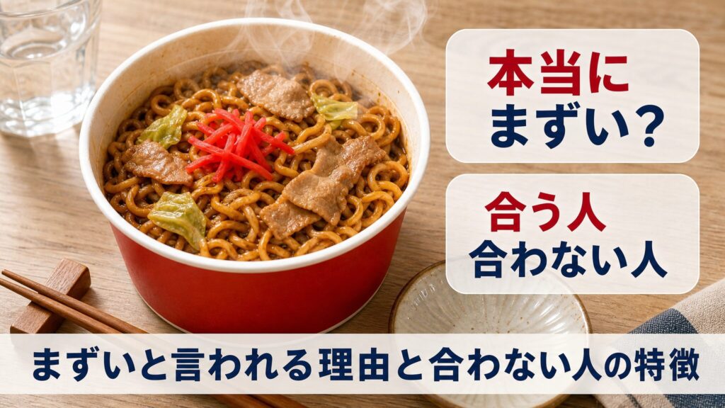 完全メシufoがまずいと言われる理由と合わない人の特徴を解説する記事のアイキャッチ画像で、フタを開けたカップ焼きそばを中央に配置し本当にまずいかと合う人合わない人を吹き出しで示す横長インフォグラフィック。