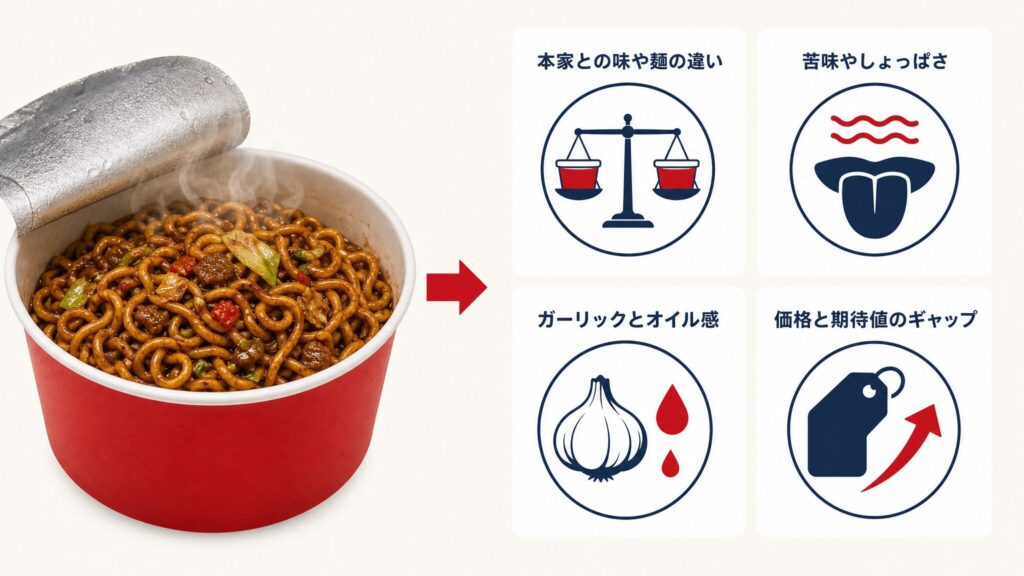 完全メシufoがまずいと言われる主な4つの理由を整理したインフォグラフィックで、本家との違い・苦味やしょっぱさ・ガーリックとオイル感・価格と期待値のギャップをアイコン付きカードで示す。