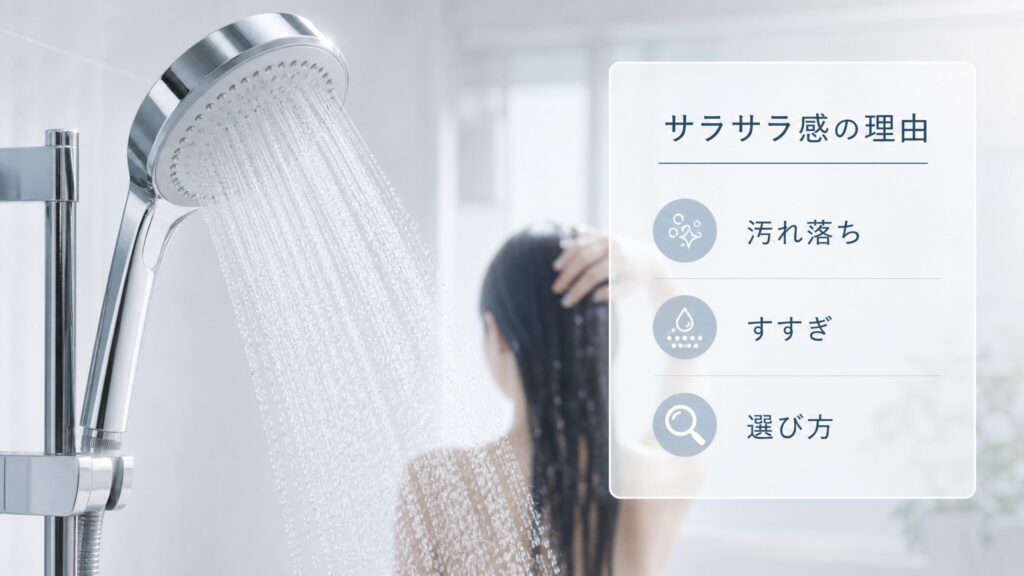 リファのシャワーヘッドで髪がサラサラになるのはなぜかを、汚れ落ちやすすぎ、選び方の観点で示すメイン画像