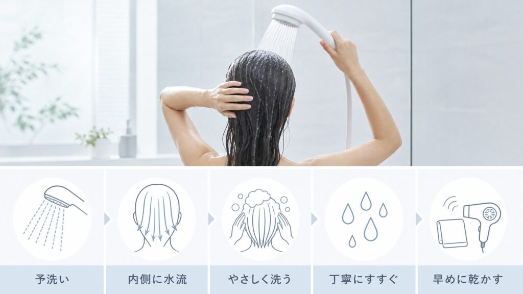 リファのシャワーヘッドで髪のすすぎ残しを減らしやすくするための予洗いからドライヤーまでの洗髪ステップ図解
