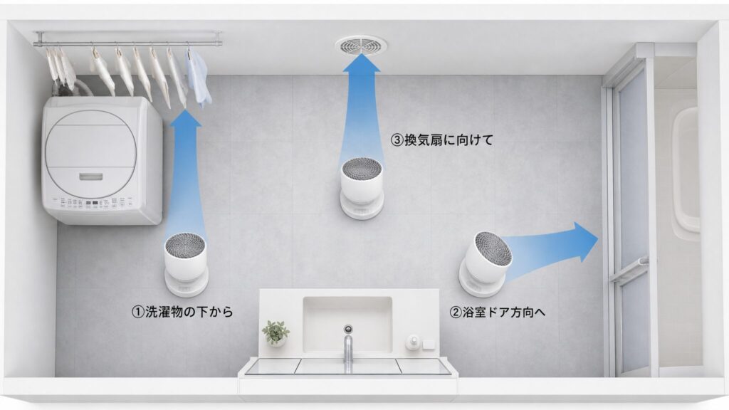 洗面所でサーキュレーターを置く位置と風向きを示した俯瞰図解。洗濯機の下・浴室ドア方向・換気扇方向の3パターンの設置位置と風の流れを青い矢印で示し、湿気と部屋干し対策に役立つ配置例を視覚的に整理した構図。