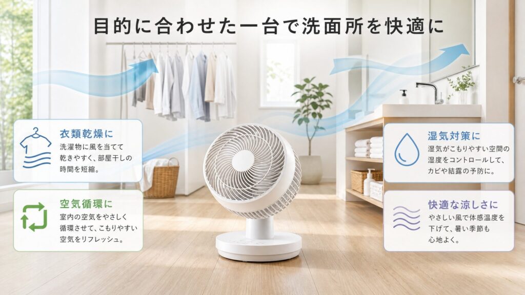 目的に合わせた一台で洗面所を快適にするまとめビジュアル。清潔感のある洗面所に白いサーキュレーターを配置し、洗濯物や観葉植物のある生活シーンと空気の流れを示した落ち着いた構図のまとめ画像。