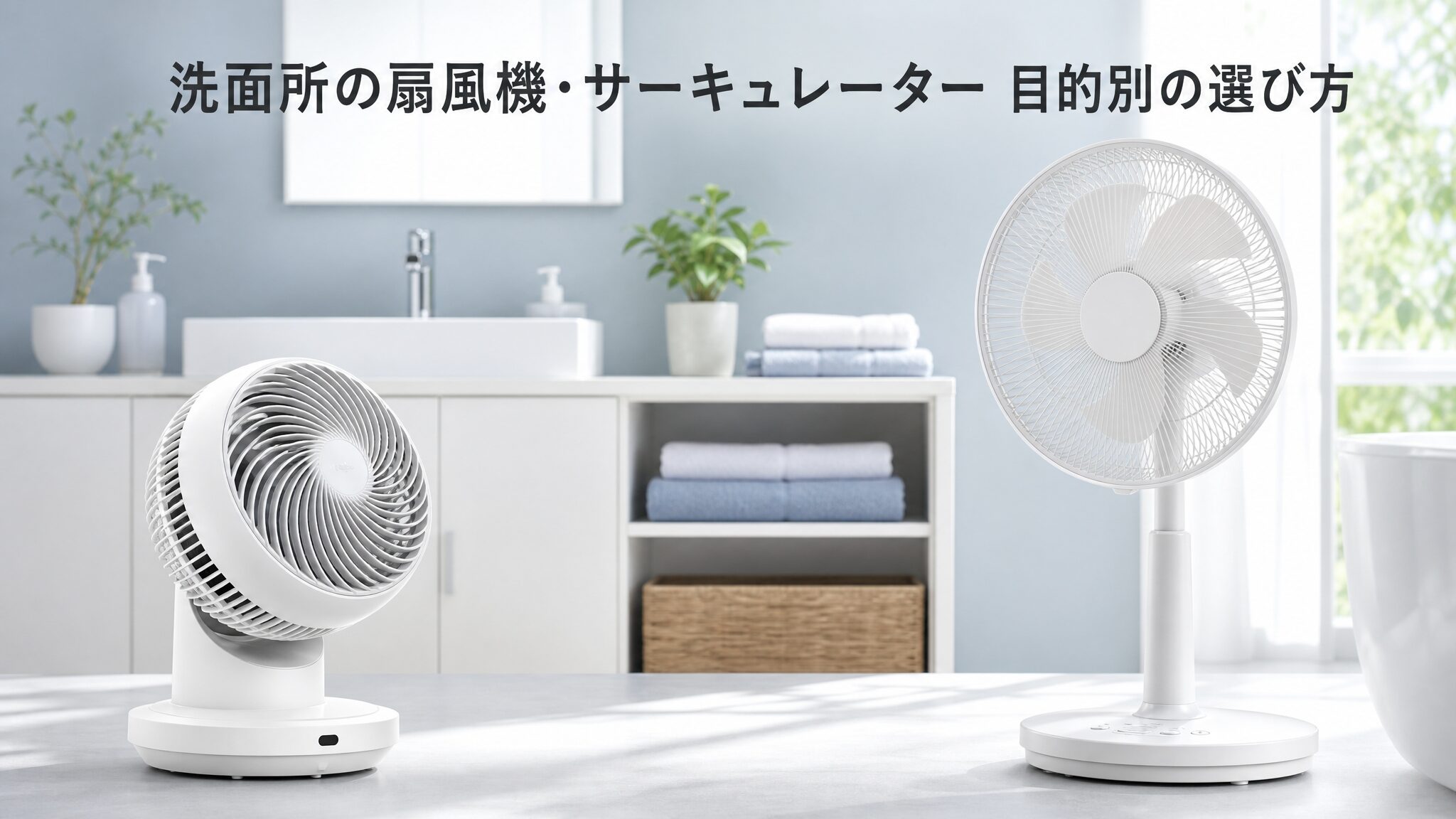 洗面所に扇風機とサーキュレーターどっちがいいかを比較するメインビジュアル。清潔感のある洗面所を背景に、白いサーキュレーターと扇風機を左右に配置し、目的別の選び方を提示したインフォグラフィック。