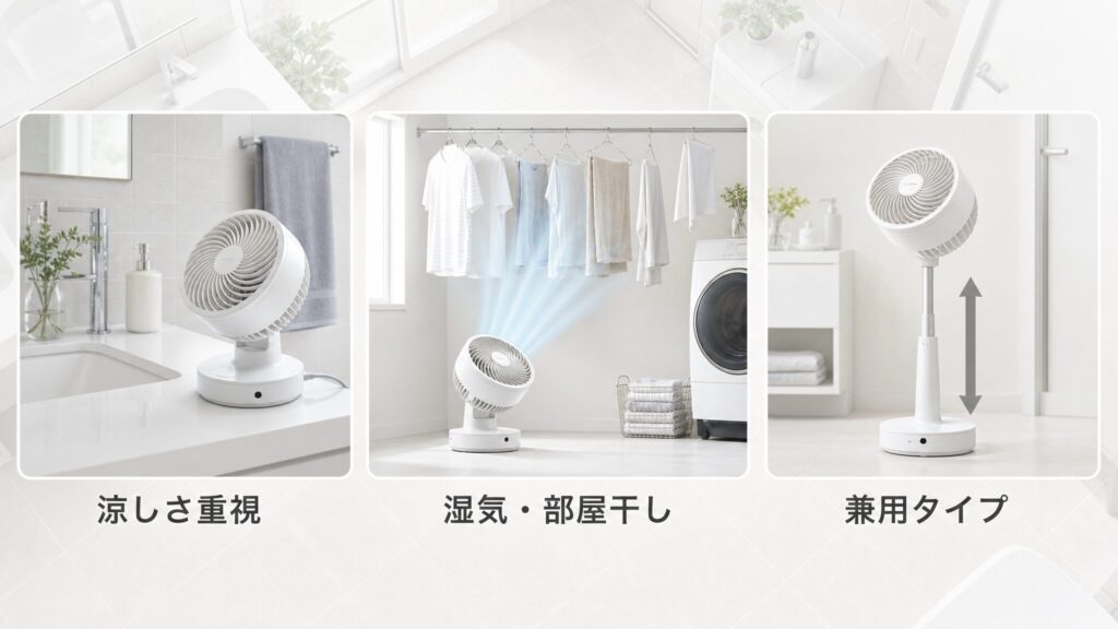 洗面所には扇風機とサーキュレーターどっちが正解かを目的別に整理した3分割インフォグラフィック。涼しさ重視・湿気と部屋干し対策・兼用タイプの3パターンを、白いファン製品画像と日本語ラベルで示した構図。
