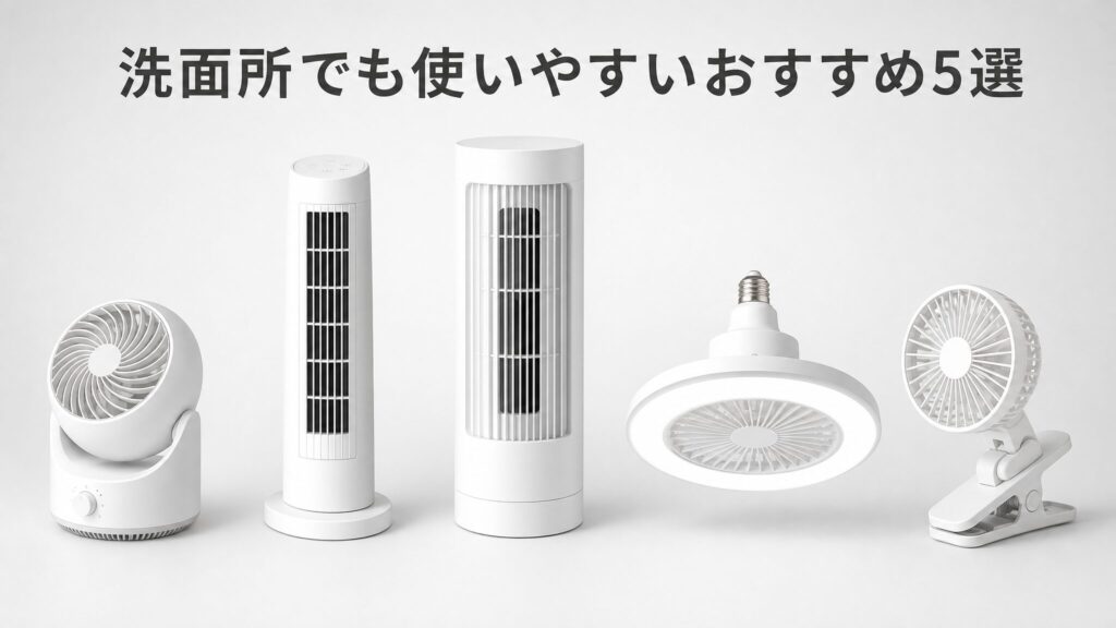 洗面所でも使いやすいおすすめ商品5選を紹介する横並びラインナップ画像。サーキュレーター2台、サーキュレーター扇風機、照明一体型ファン、クリップ扇風機の白い製品画像を等間隔に並べた商品比較ビジュアル。