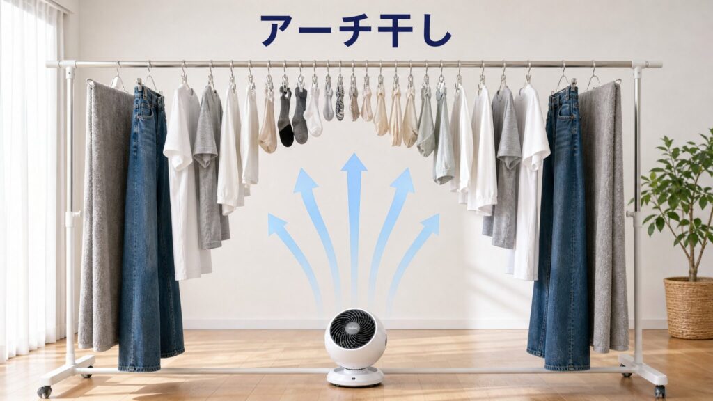 サーキュレーターの適切な置き方と洗濯物の干し方を示したインフォグラフィック。アーチ干しにした洗濯物の真下に白い球体型サーキュレーターを配置し、中央の空気の通り道を上向きに風が抜ける様子を正面から描いた構図。