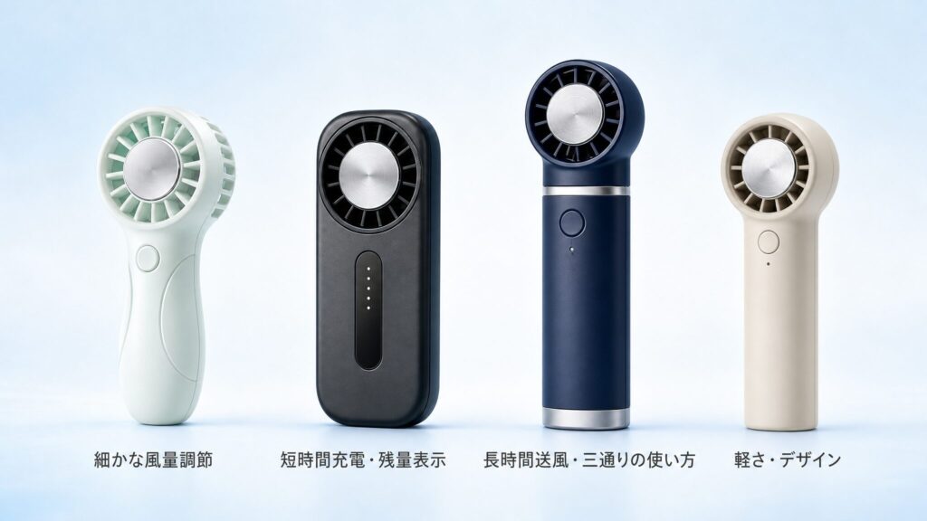 冷却プレート付きハンディファンおすすめ4選として、細かな風量調節、短時間充電、長時間送風と三通りの使い方、軽さを重視した4タイプを比較する画像