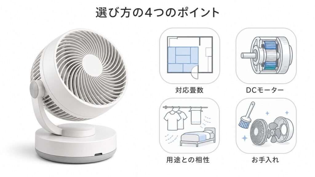 サーキュレーターを選ぶときのポイントを示すイメージ。白背景に白基調のサーキュレーターと、対応畳数・DCモーター・用途との相性・お手入れの4つの判断軸を表すアイコンを配置した解説ビジュアル。