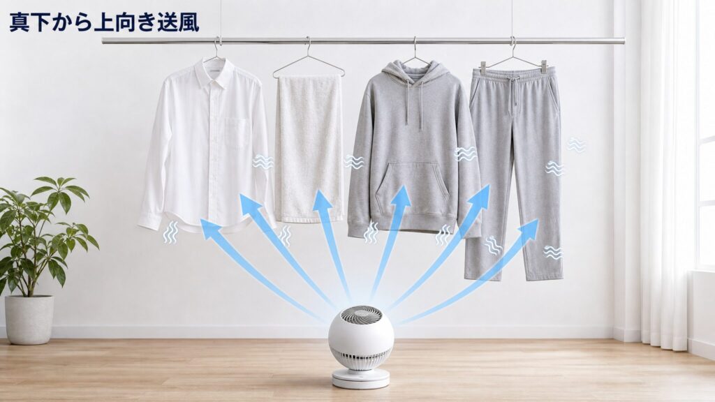 部屋干しでサーキュレーターを洗濯物の真下に置き、下から上へ風が抜ける様子を示した当て方の概念図。物干しに吊るした衣類のすき間を淡いブルーの矢印で可視化した断面構図。