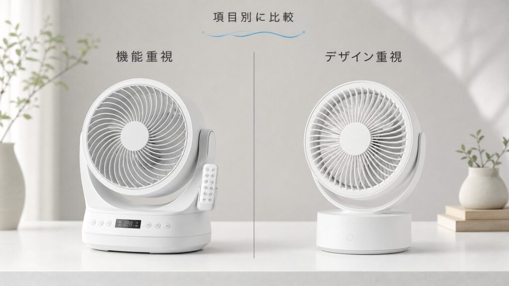 ニトリと無印良品のサーキュレーターの違いを項目別に比較するイメージ。白いテーブルに2台のサーキュレーターが左右対称に並び、機能重視とデザイン重視の対比が視覚的に示された比較ビジュアル。